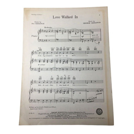 vintage 1938 sheet music score for "Love Walked In" from the film "The Goldwyn Follies". unbranded  A+ Stuff Sheet Music