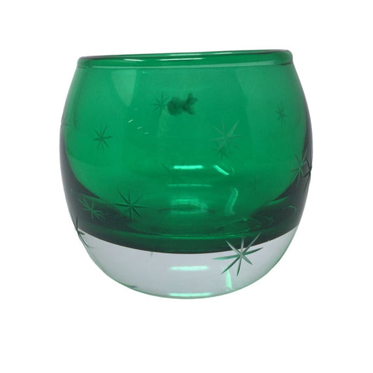 Small Vintage Emerald Green Glass Candle Holder with Star Pattern