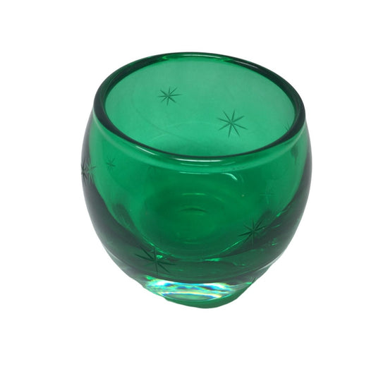 Small Vintage Emerald Green Glass Candle Holder with Star Pattern