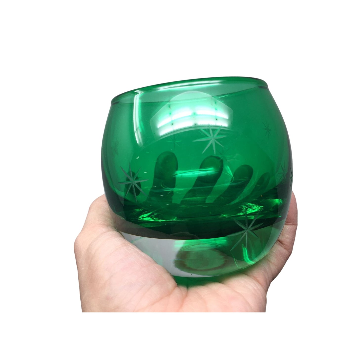 Small Vintage Emerald Green Glass Candle Holder with Star Pattern