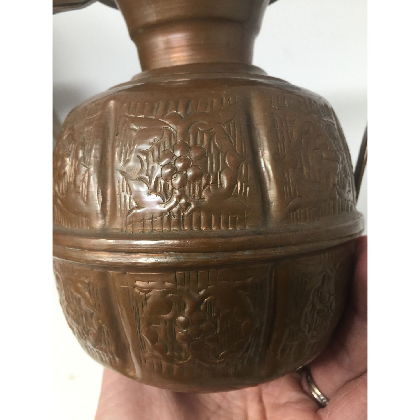 Antique Engraved Copper Jug Pitcher With Two Handles