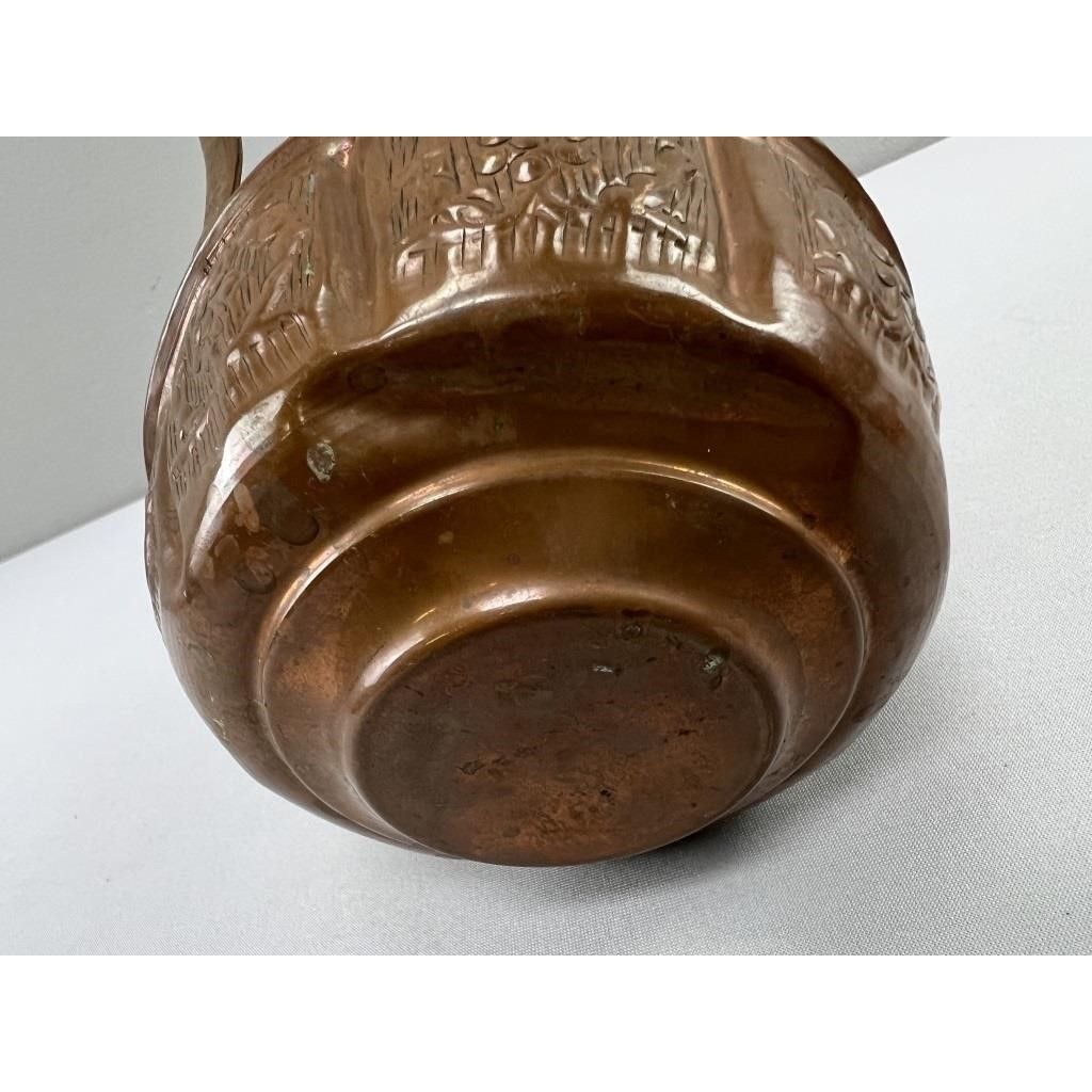 Antique Engraved Copper Jug Pitcher With Two Handles