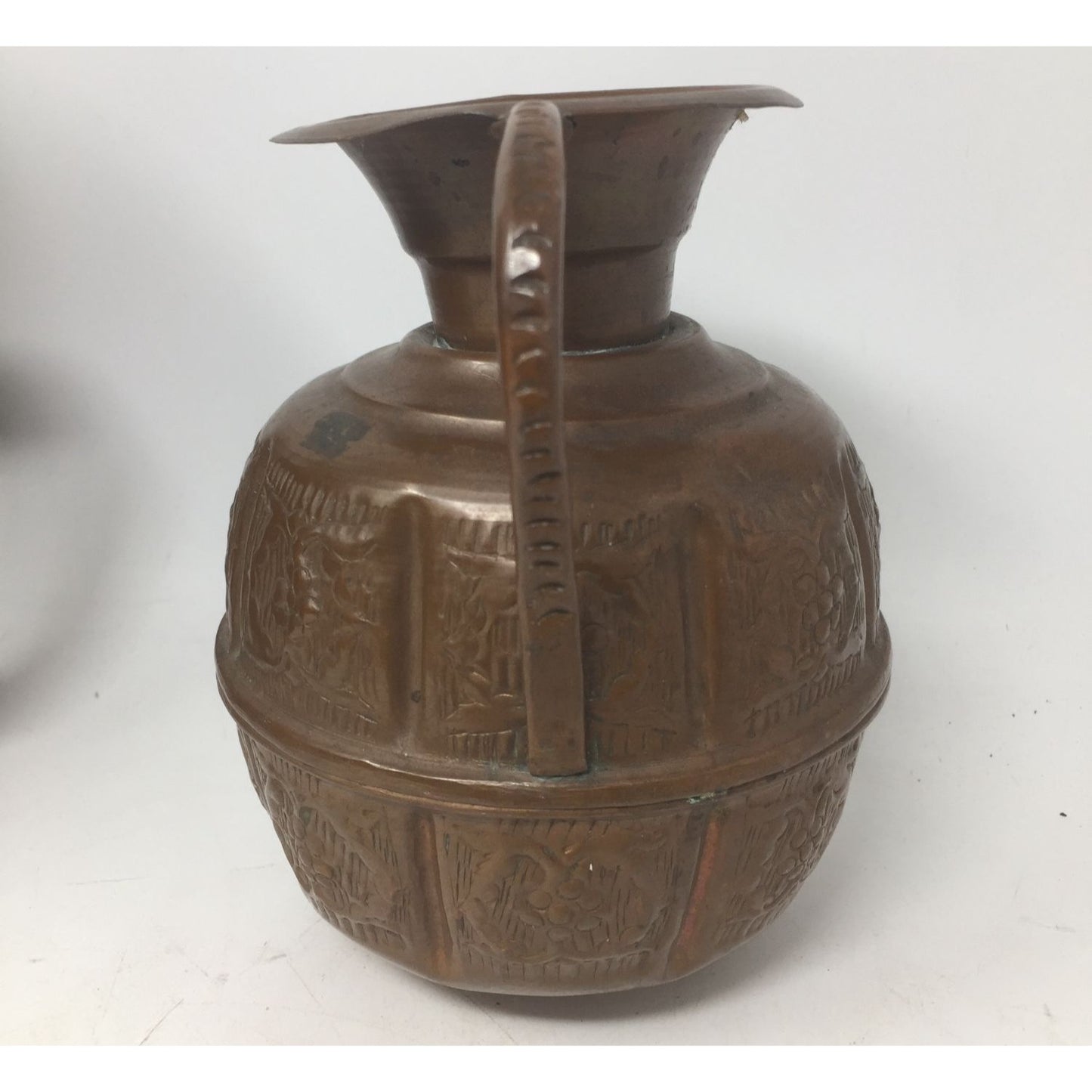 Antique Engraved Copper Jug Pitcher With Two Handles