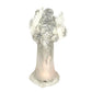 Crystal angel figurine with white feather wings and 'Peace on Earth' base on white background