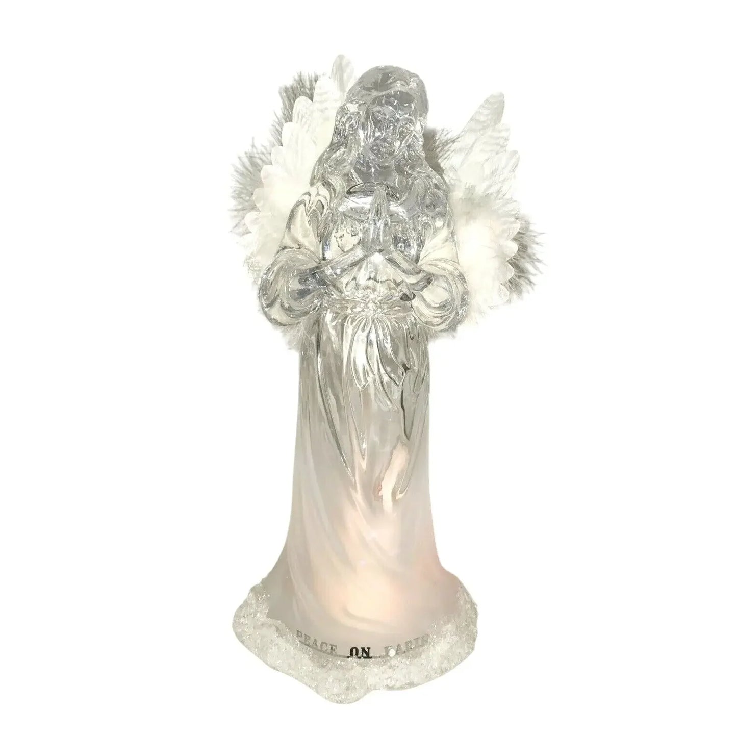 Crystal angel figurine with white feather wings and 'Peace on Earth' base on white background