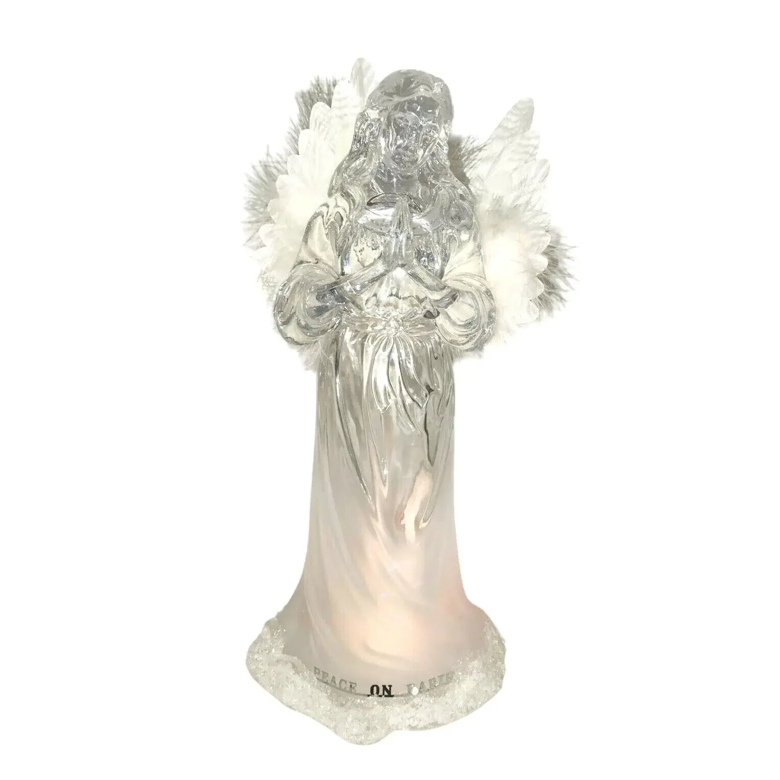 Crystal angel figurine with white feather wings and 'Peace on Earth' base on white background