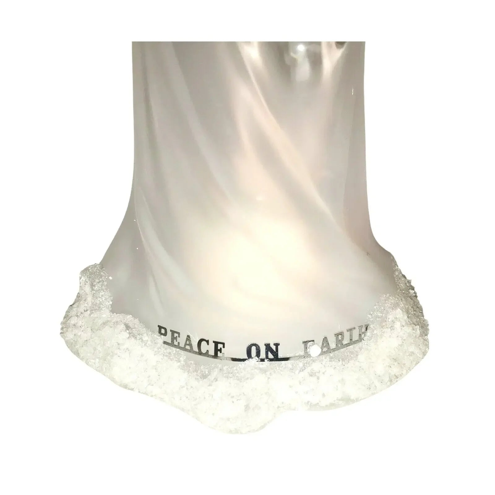 Frosted glass figurine base with snowy edge and 'Peace on Earth' text, holiday decor