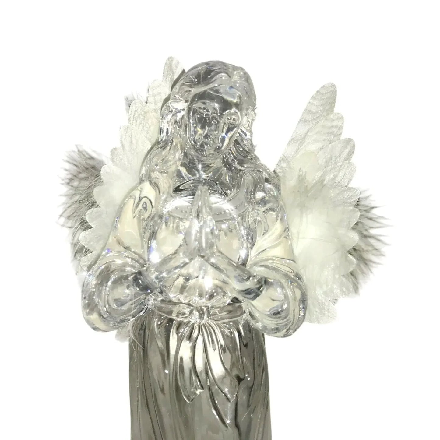 Crystal angel figurine with white feather wings and hands in prayer