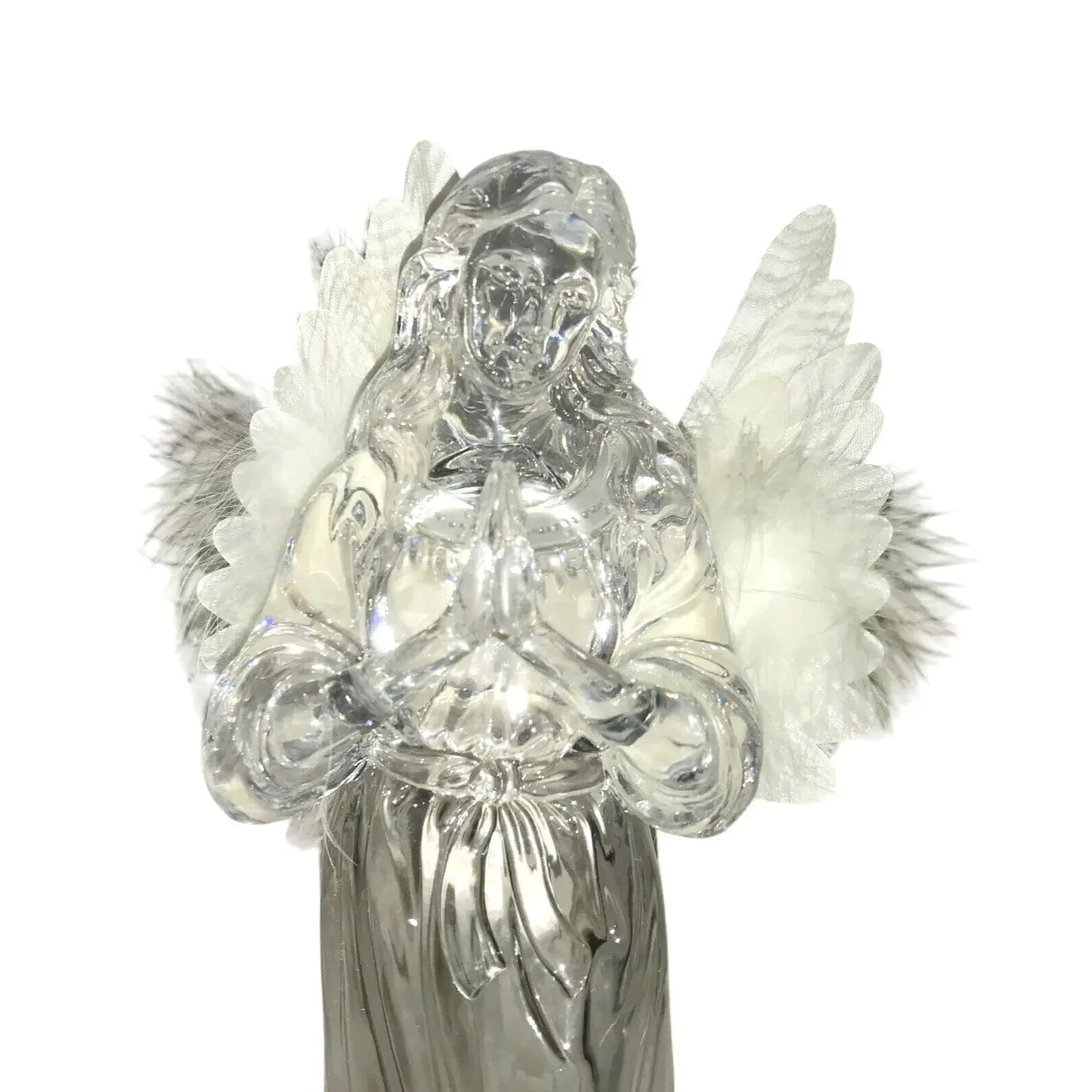 Crystal angel figurine with white feather wings and hands in prayer