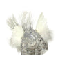 Clear glass angel figurine with white feather wings and silver tinsel accents