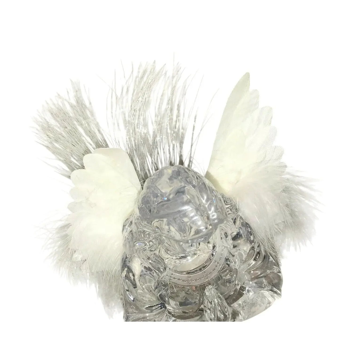 Clear glass angel figurine with white feather wings and silver tinsel accents