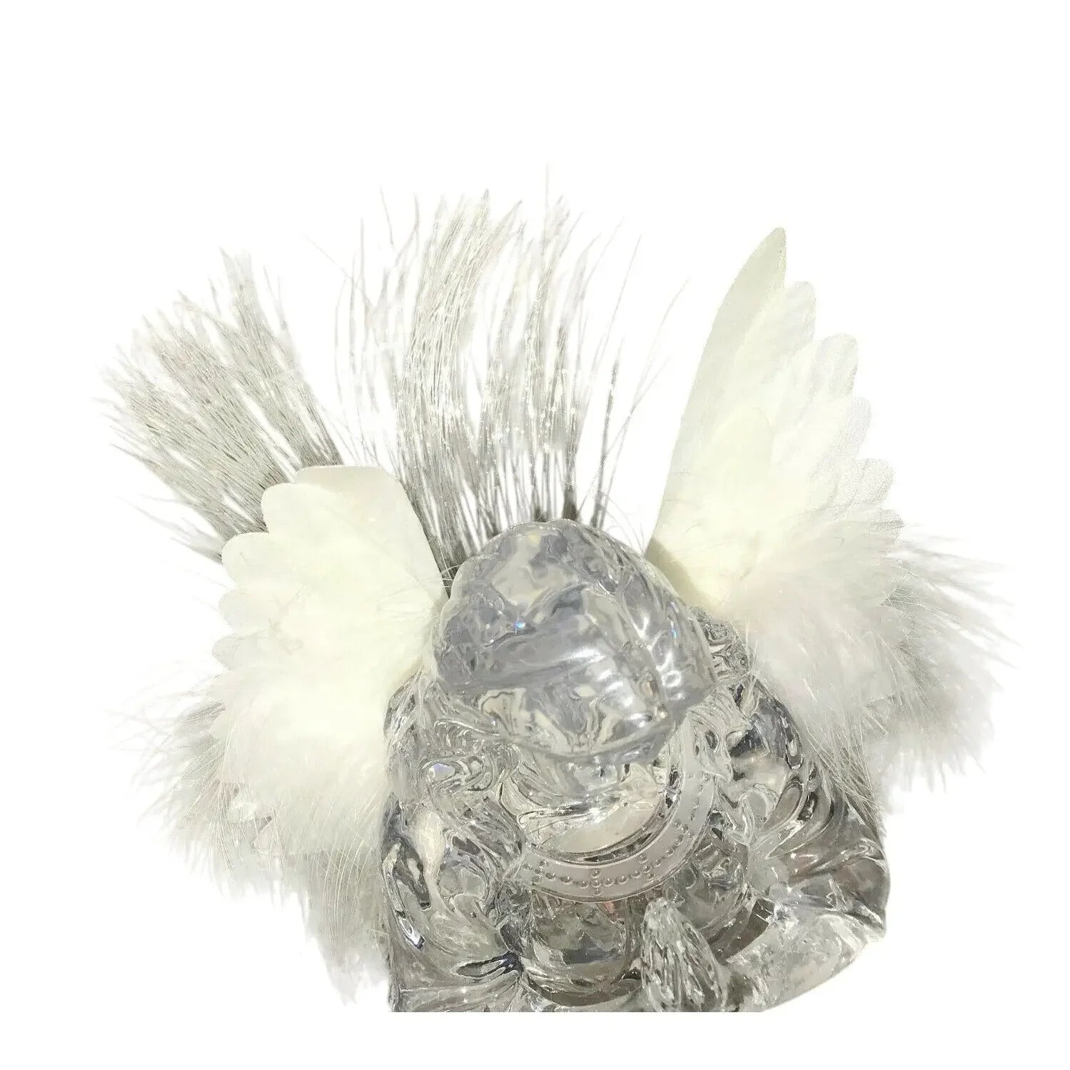 Clear glass angel figurine with white feather wings and silver tinsel accents