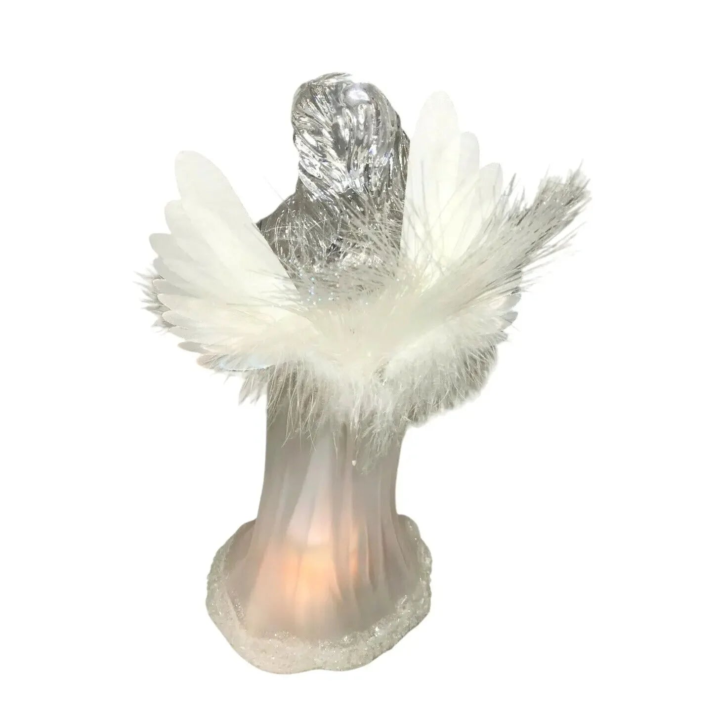 Glowing glass angel figurine with white feather wings and illuminated base