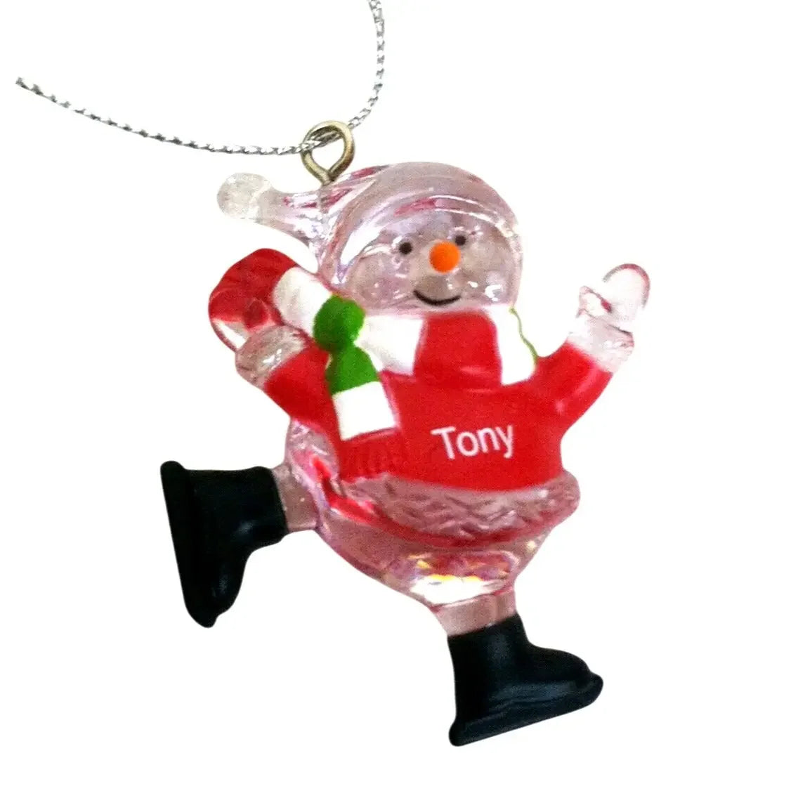 Personalized snowman Christmas ornament with red sweater, scarf, and 'Tony' text