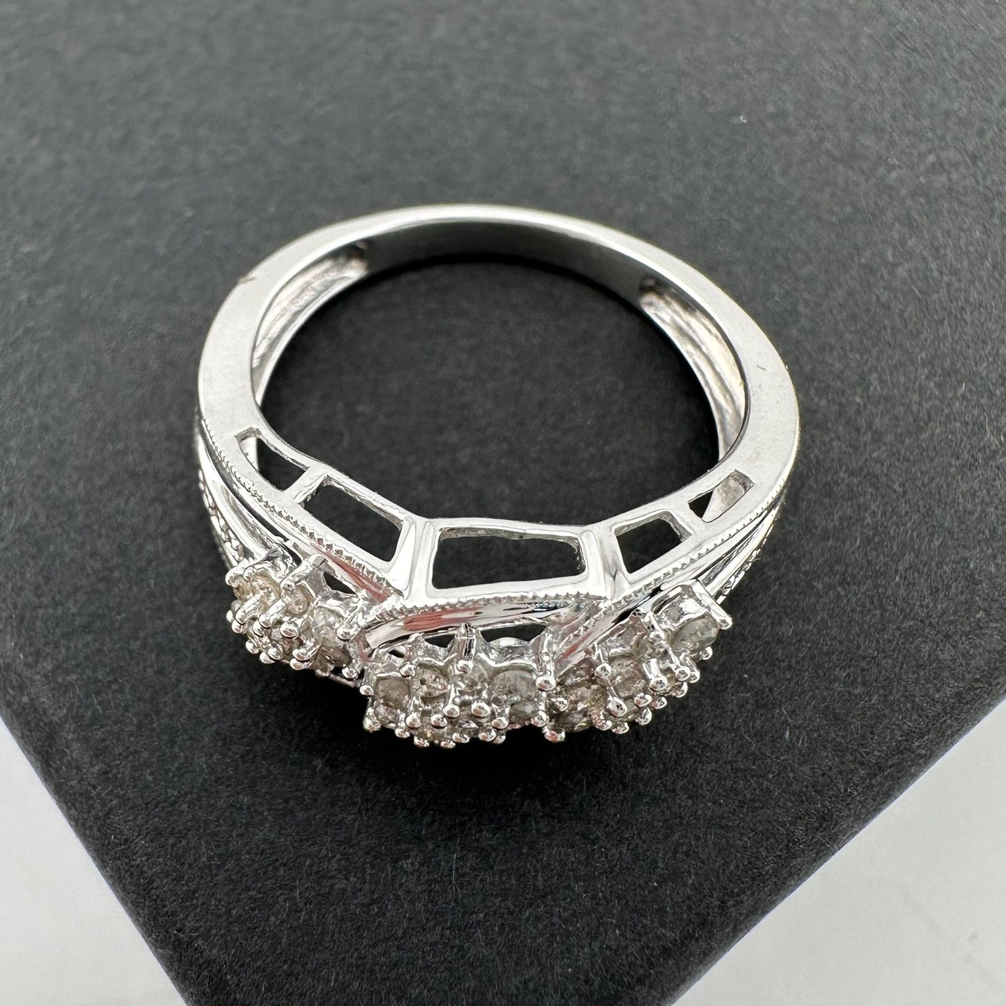 Beautiful 1/4 Carat Natural Diamond Triple Cluster Ring in Sterling Silver Size 6