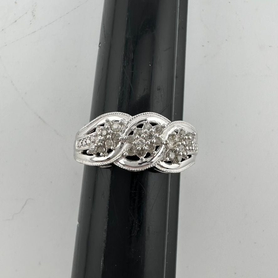 Beautiful 1/4 Carat Natural Diamond Triple Cluster Ring in Sterling Silver Size 6