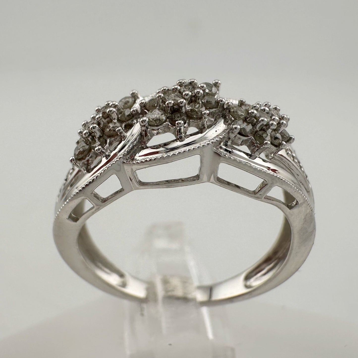 Beautiful 1/4 Carat Natural Diamond Triple Cluster Ring in Sterling Silver Size 6