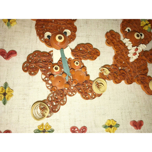 Teddy Bears w Hearts & Flowers Handmade Paper Quilling Framed Wall Art- Kids Room Decor