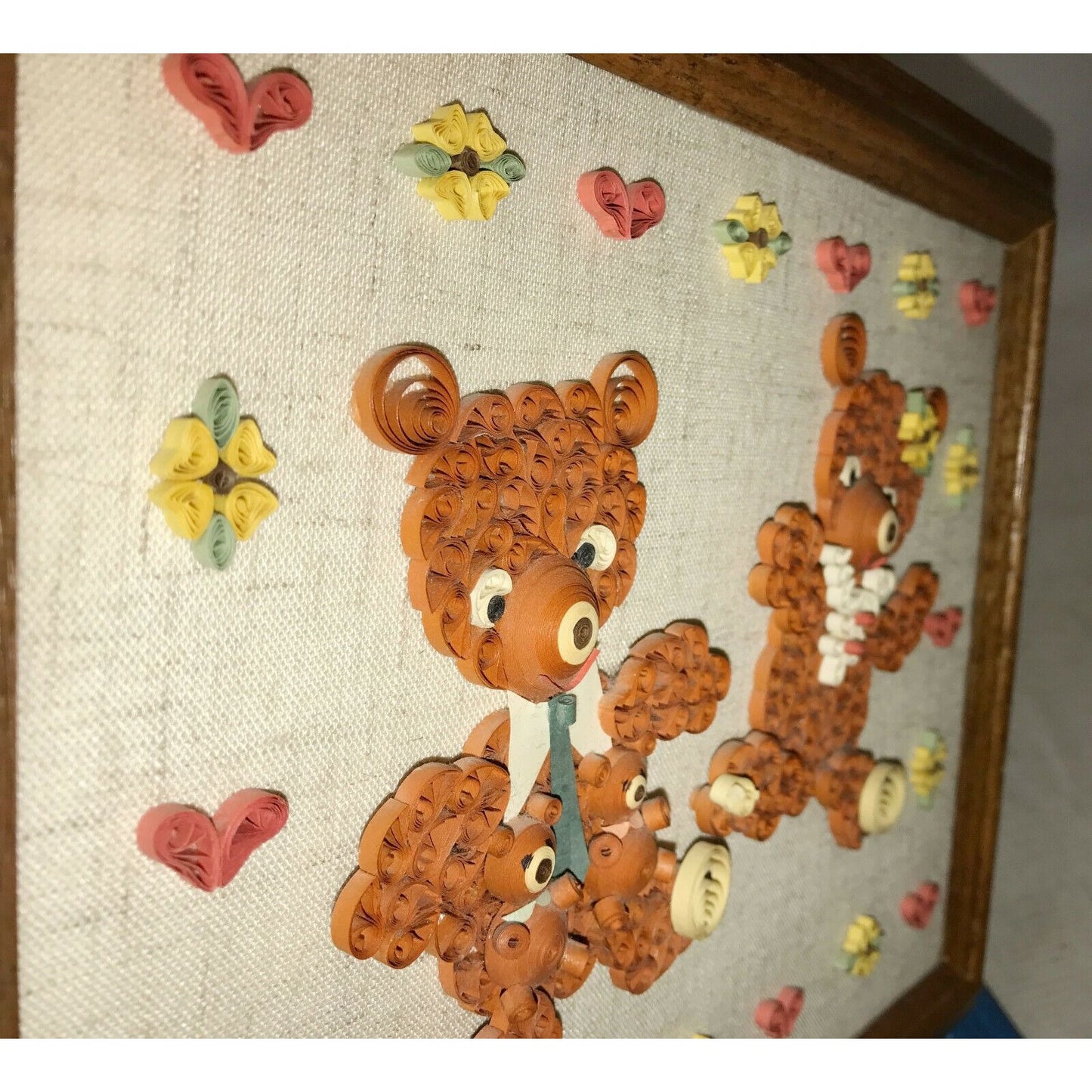 Teddy Bears w Hearts & Flowers Handmade Paper Quilling Framed Wall Art- Kids Room Decor