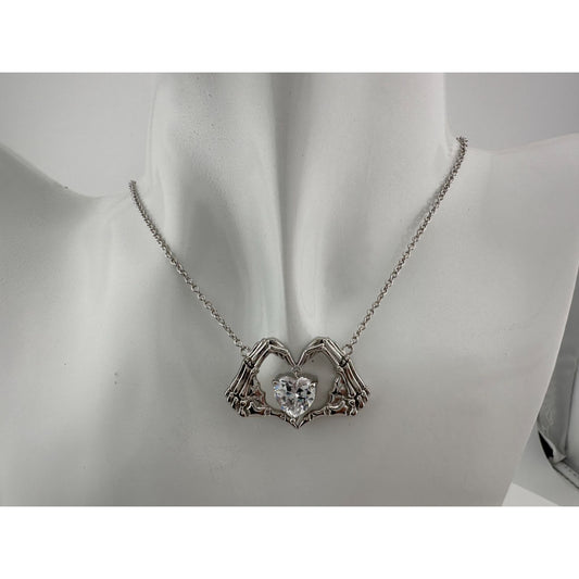 Womens Skeleton Heart Hand Necklace with White Gemstone in the middle