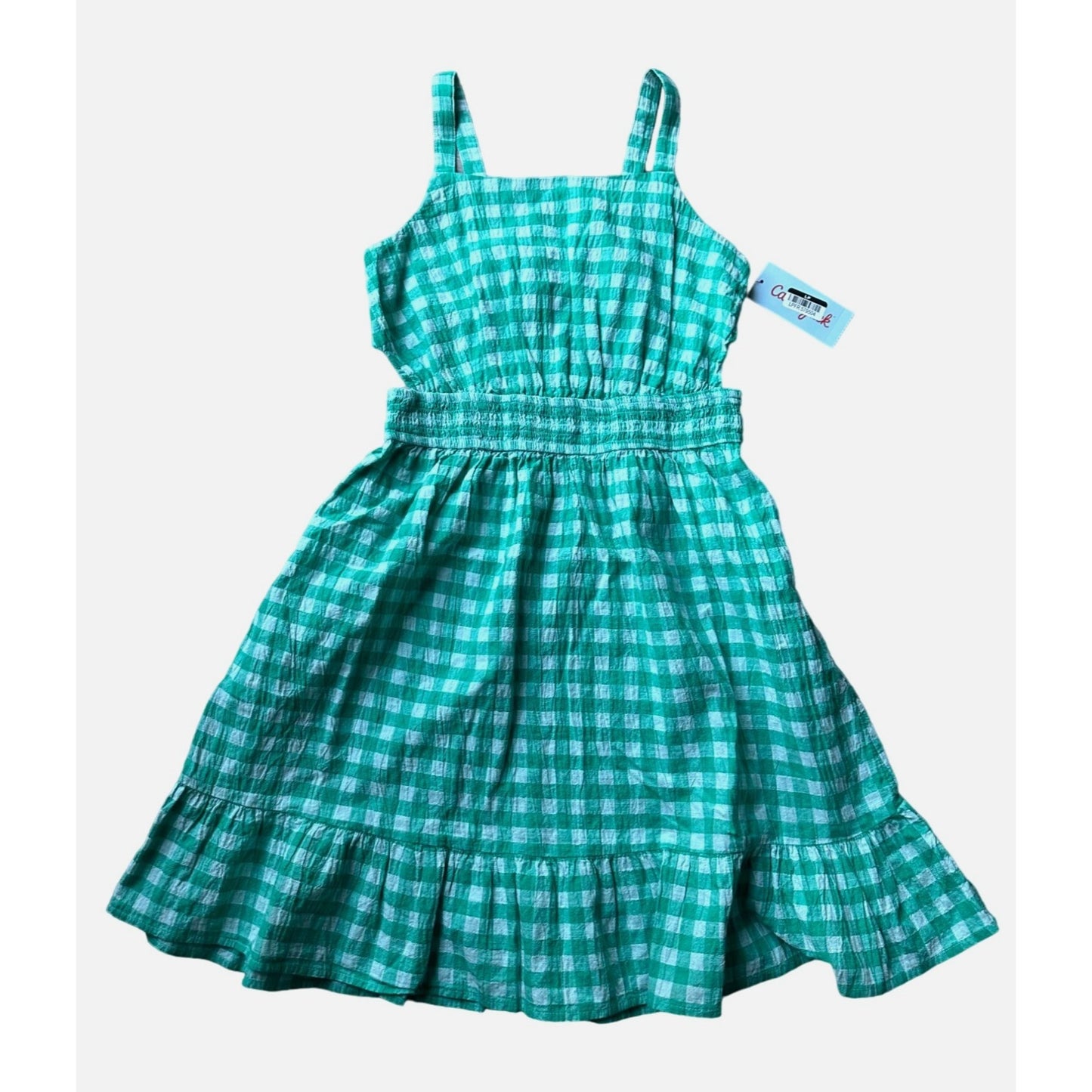 Gingham Girls Sundress - Green/Teal and White Gingham Print dress - Smocked Waist with Small Cutouts - S (6 -8)