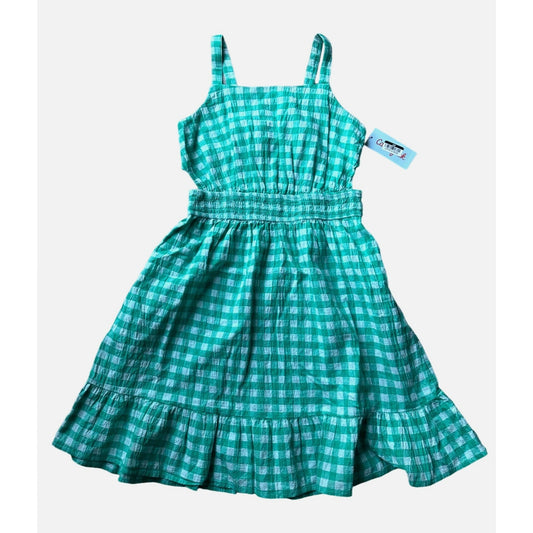 Gingham Girls Sundress - Green/Teal and White Gingham Print dress - Smocked Waist with Small Cutouts - S (6 -8)