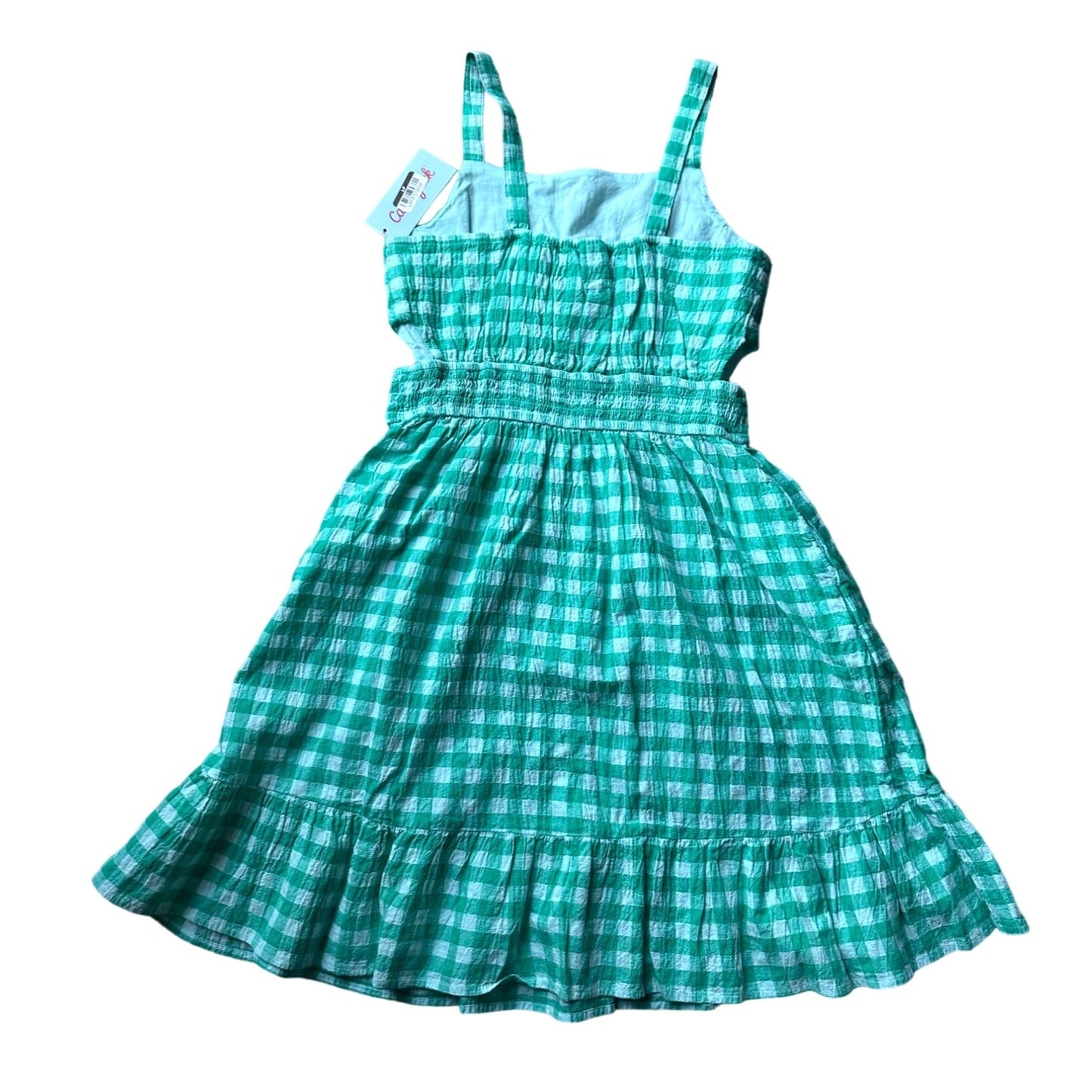 Gingham Girls Sundress - Green/Teal and White Gingham Print dress - Smocked Waist with Small Cutouts - S (6 -8)