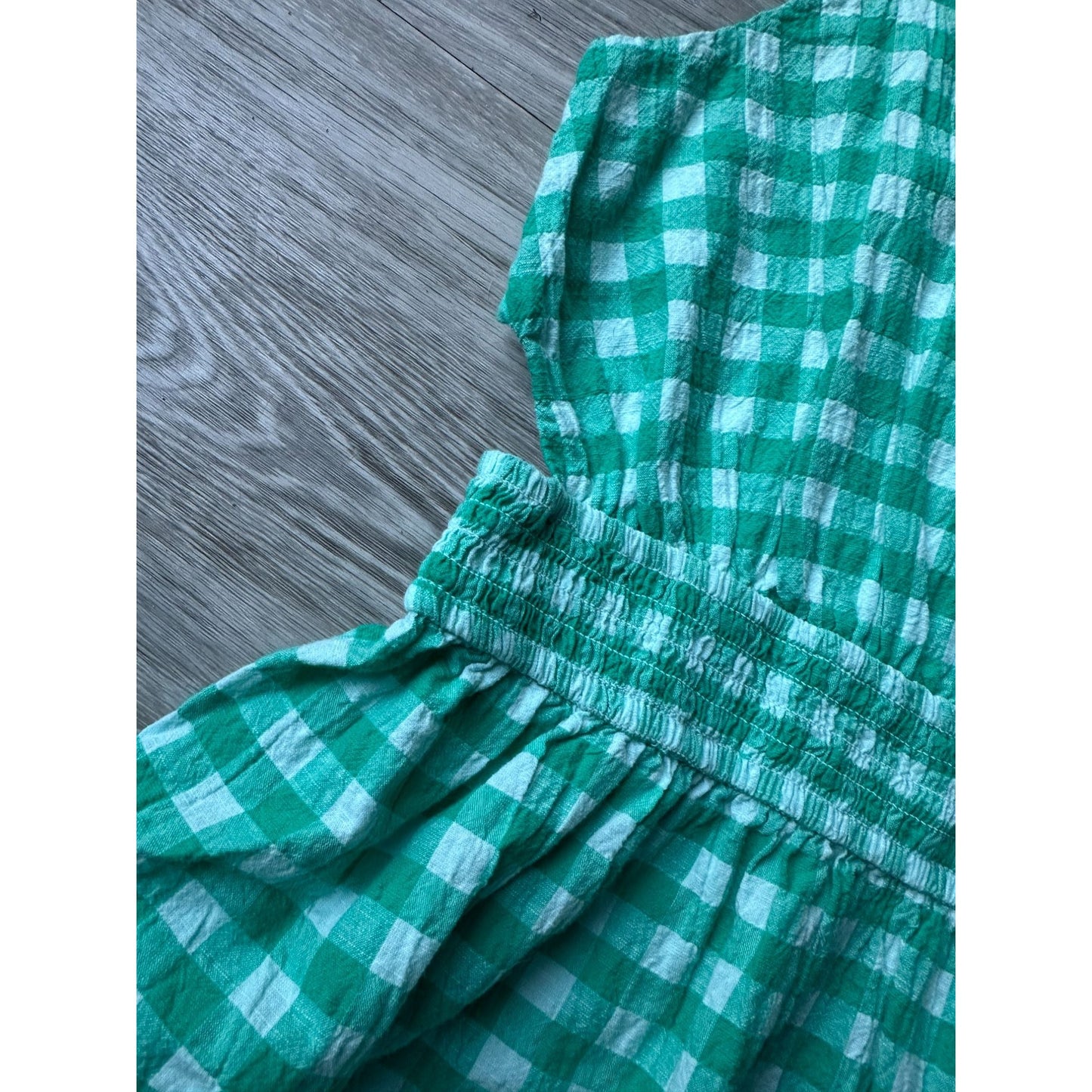 Gingham Girls Sundress - Green/Teal and White Gingham Print dress - Smocked Waist with Small Cutouts - S (6 -8)