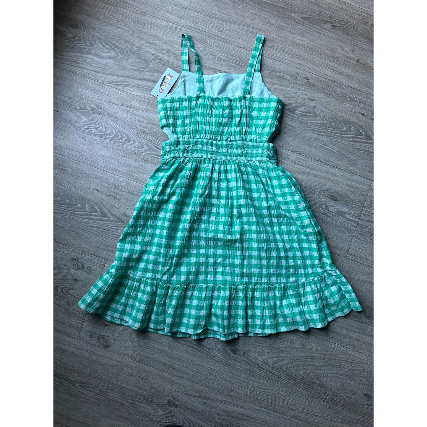 Gingham Girls Sundress - Green/Teal and White Gingham Print dress - Smocked Waist with Small Cutouts - S (6 -8)