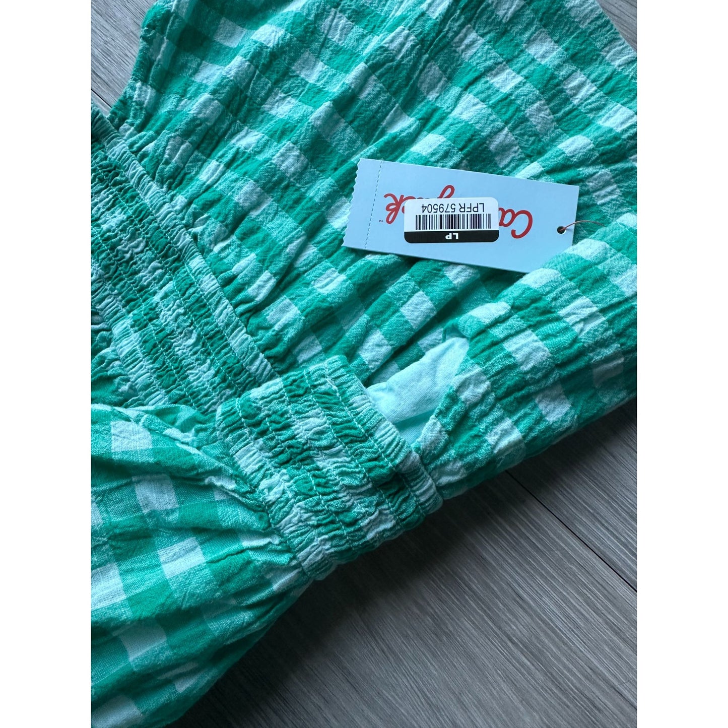 Gingham Girls Sundress - Green/Teal and White Gingham Print dress - Smocked Waist with Small Cutouts - S (6 -8)