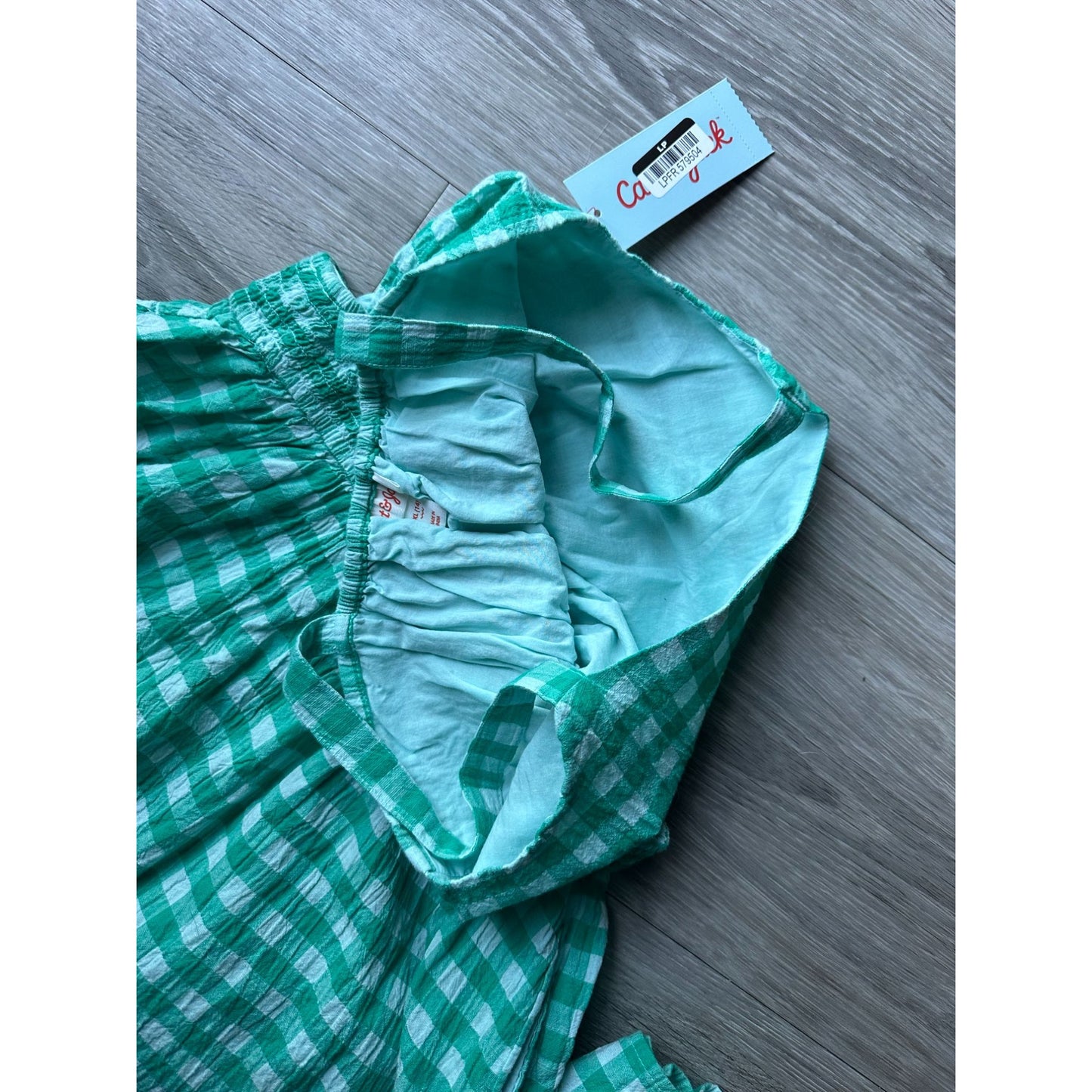 Gingham Girls Sundress - Green/Teal and White Gingham Print dress - Smocked Waist with Small Cutouts - S (6 -8)