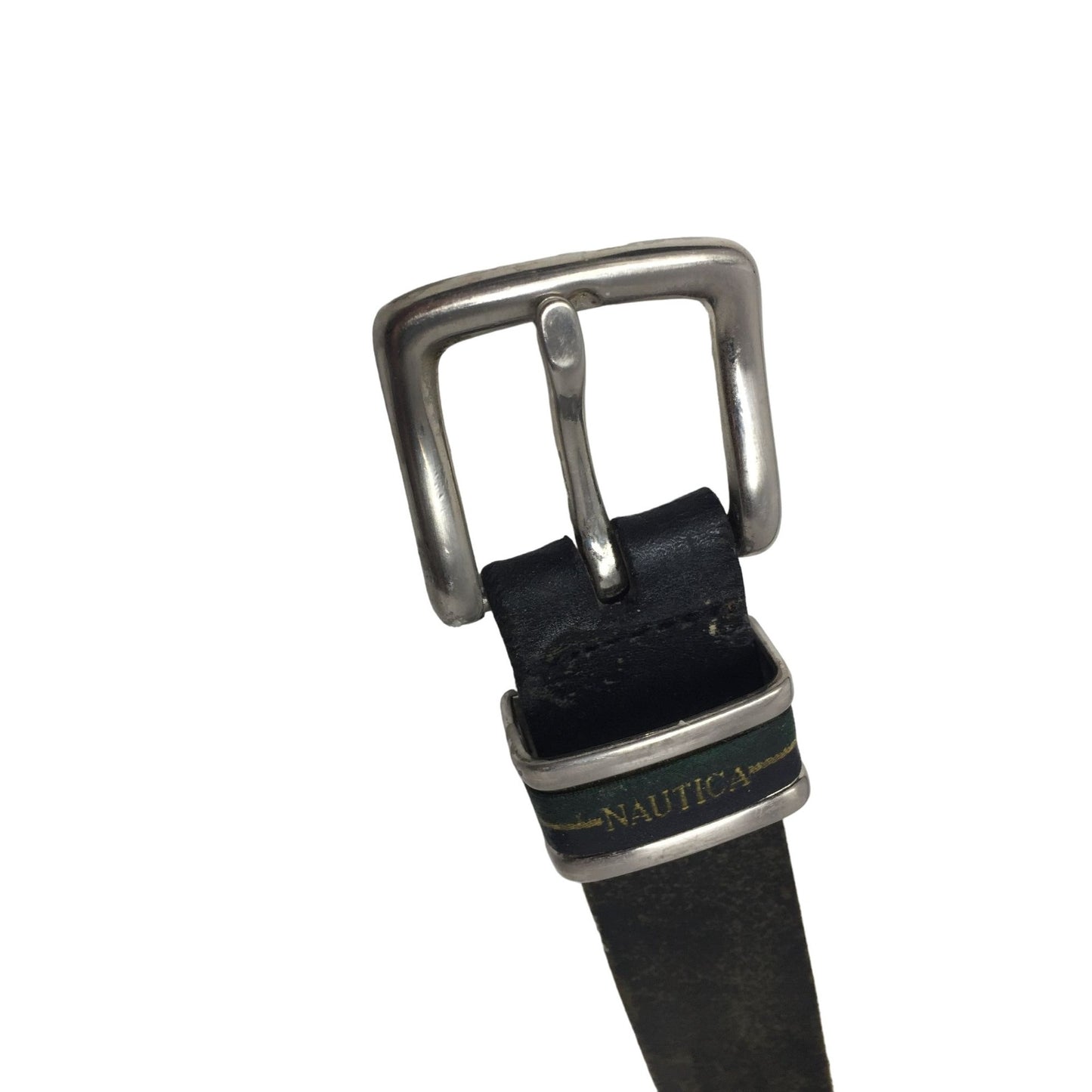 Mens NAUTICA Black Leather Belt with Silver Metal Belt Buckle