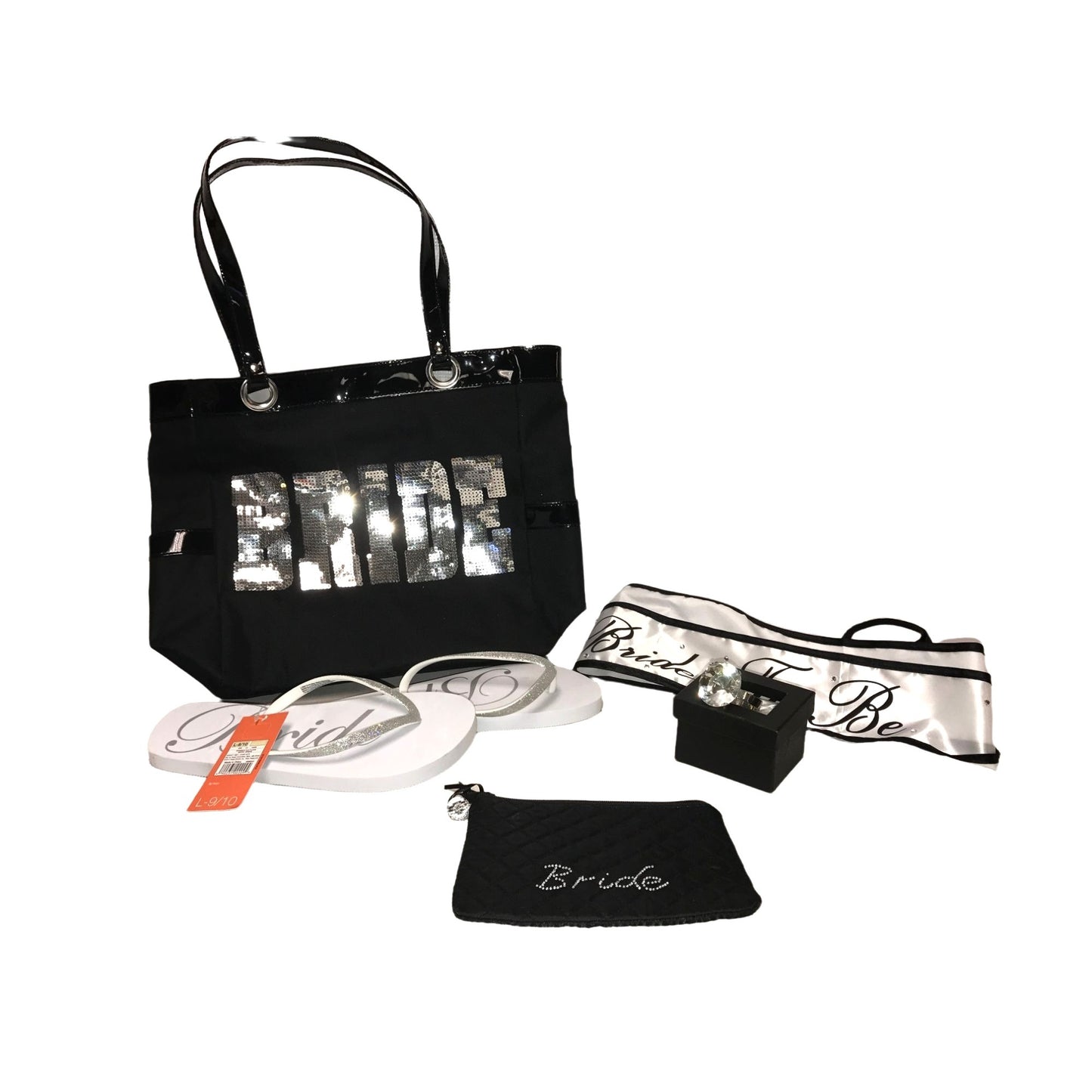 BRIDE to BE Bachelorette Party Tote, Giant Ring, Sash, Cosmetic Bag & Flip Flops