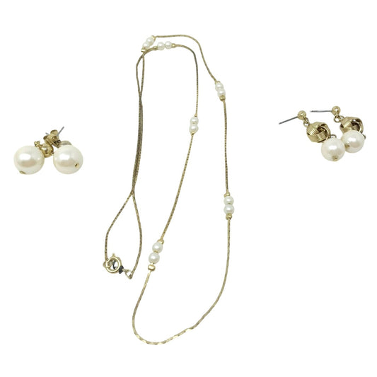 Faux Pearl EARRING and NECKLACE SET  Gold Tone 2 Pairs of earrings