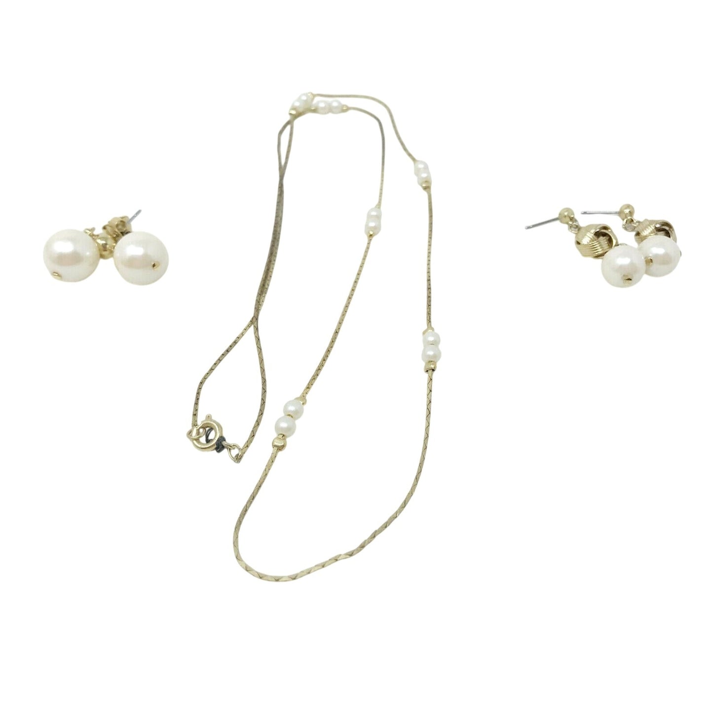 Faux Pearl EARRING and NECKLACE SET  Gold Tone 2 Pairs of earrings