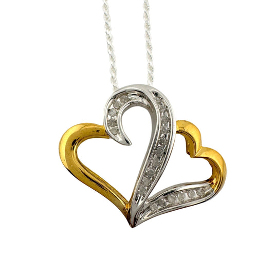 Two Hearts as One 1/4 Carat Natural Diamond Necklace - Sterling with 14kt Gold Overlay