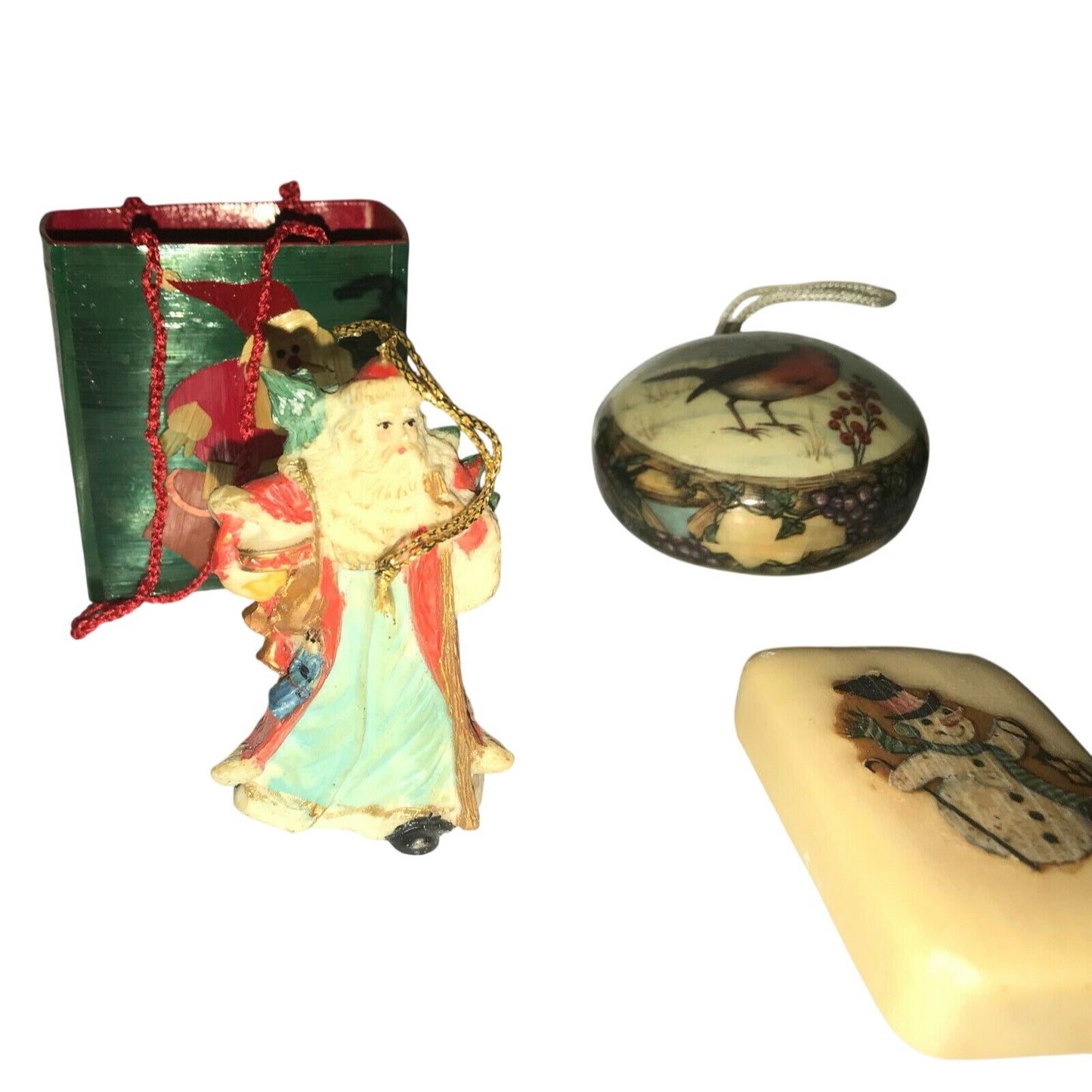 Vintage Holiday CHRISTMAS TREE Ornaments & Soap - Snowman,  Santa, BIrd