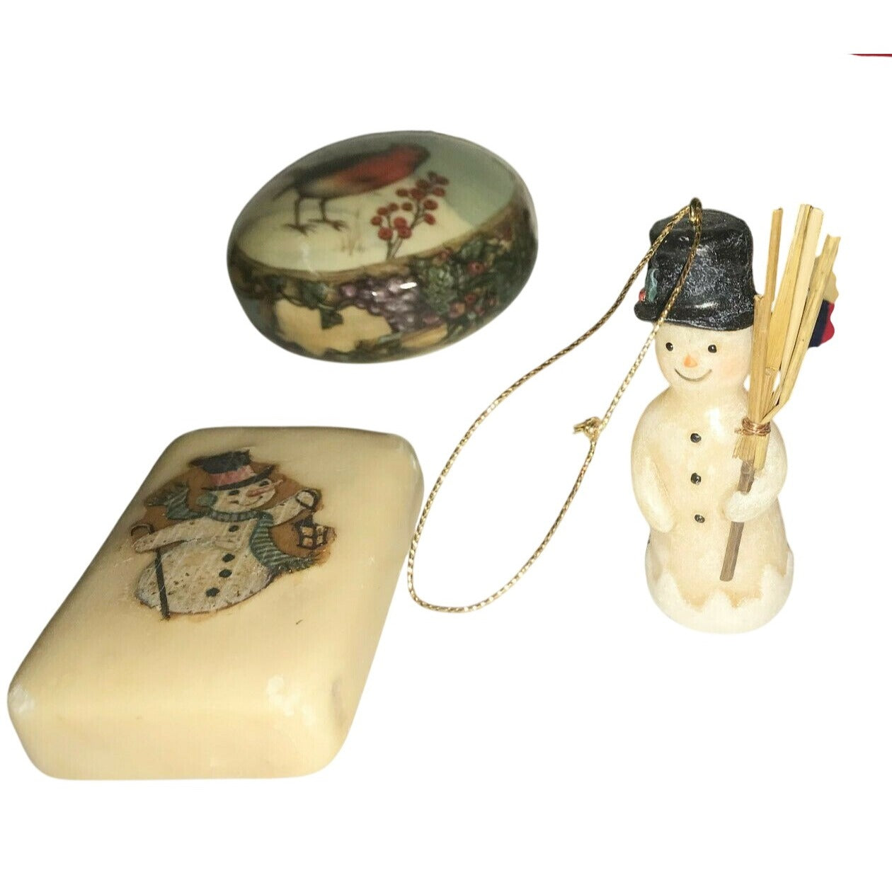 Vintage Holiday CHRISTMAS TREE Ornaments & Soap - Snowman,  Santa, BIrd