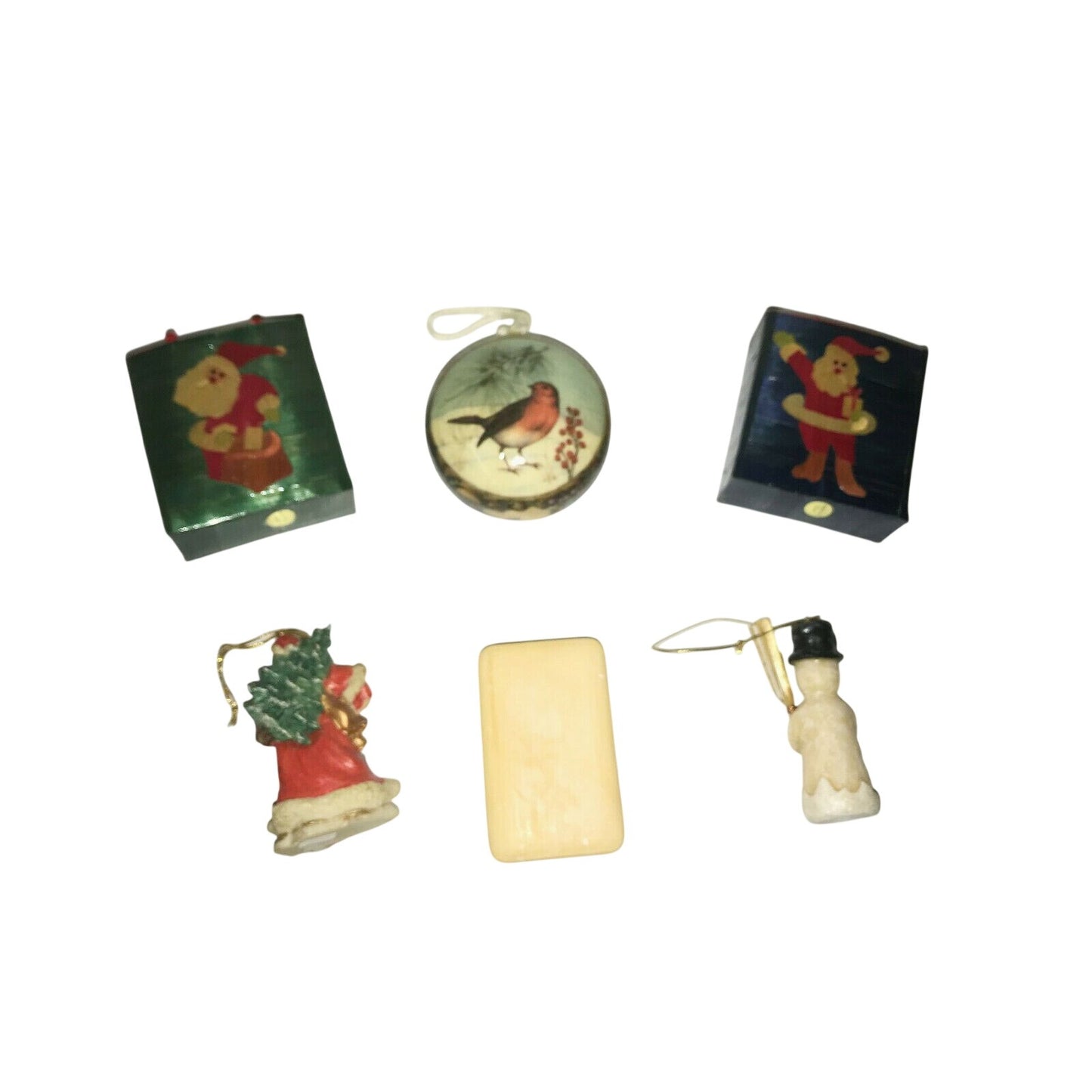 Vintage Holiday CHRISTMAS TREE Ornaments & Soap - Snowman,  Santa, BIrd