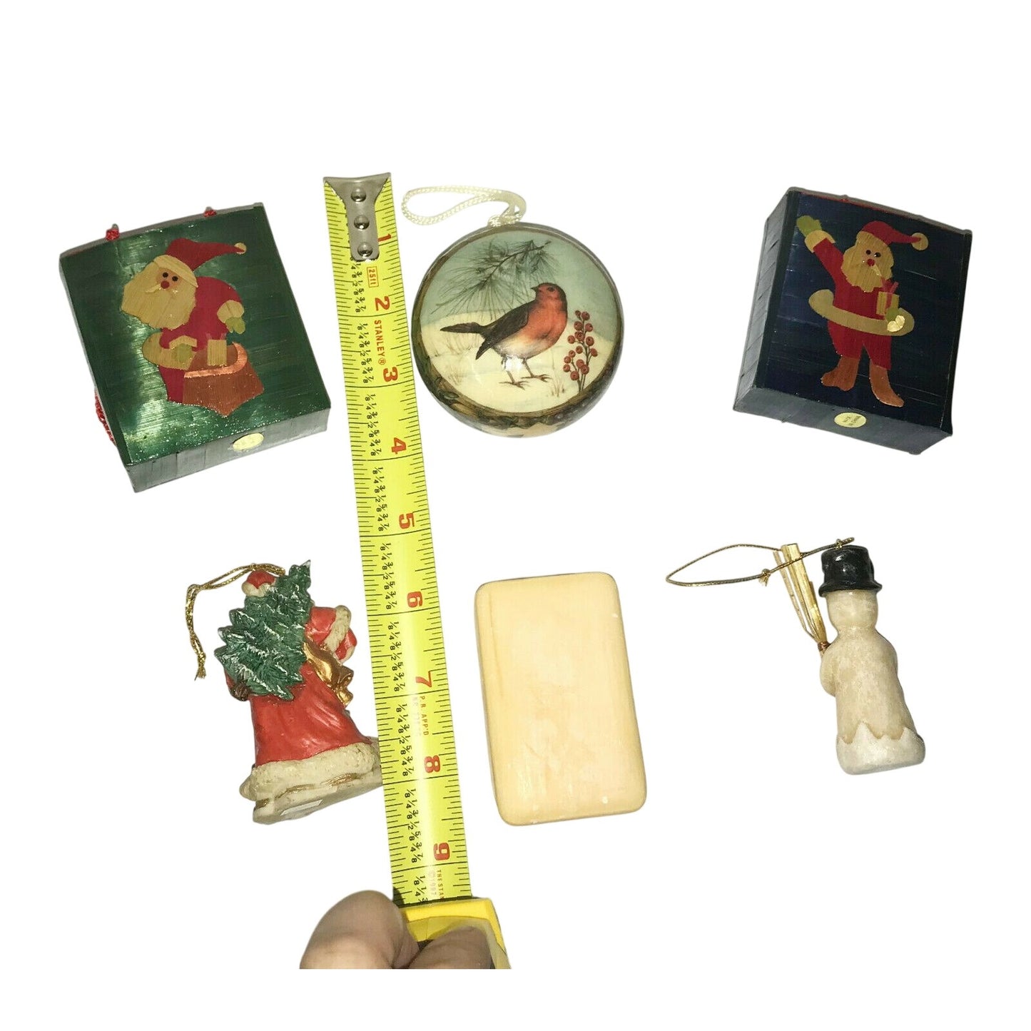 Vintage Holiday CHRISTMAS TREE Ornaments & Soap - Snowman,  Santa, BIrd