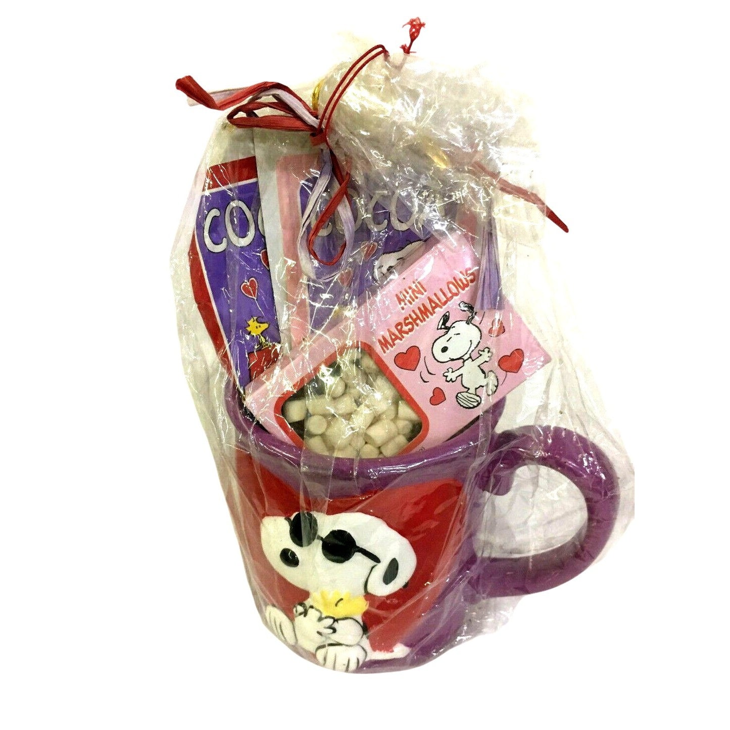 Joe Cool Snoopy Valentines Mug w Expired Cocoa Set  - Cute Snoopy Hugging Woodstock Design on Mug