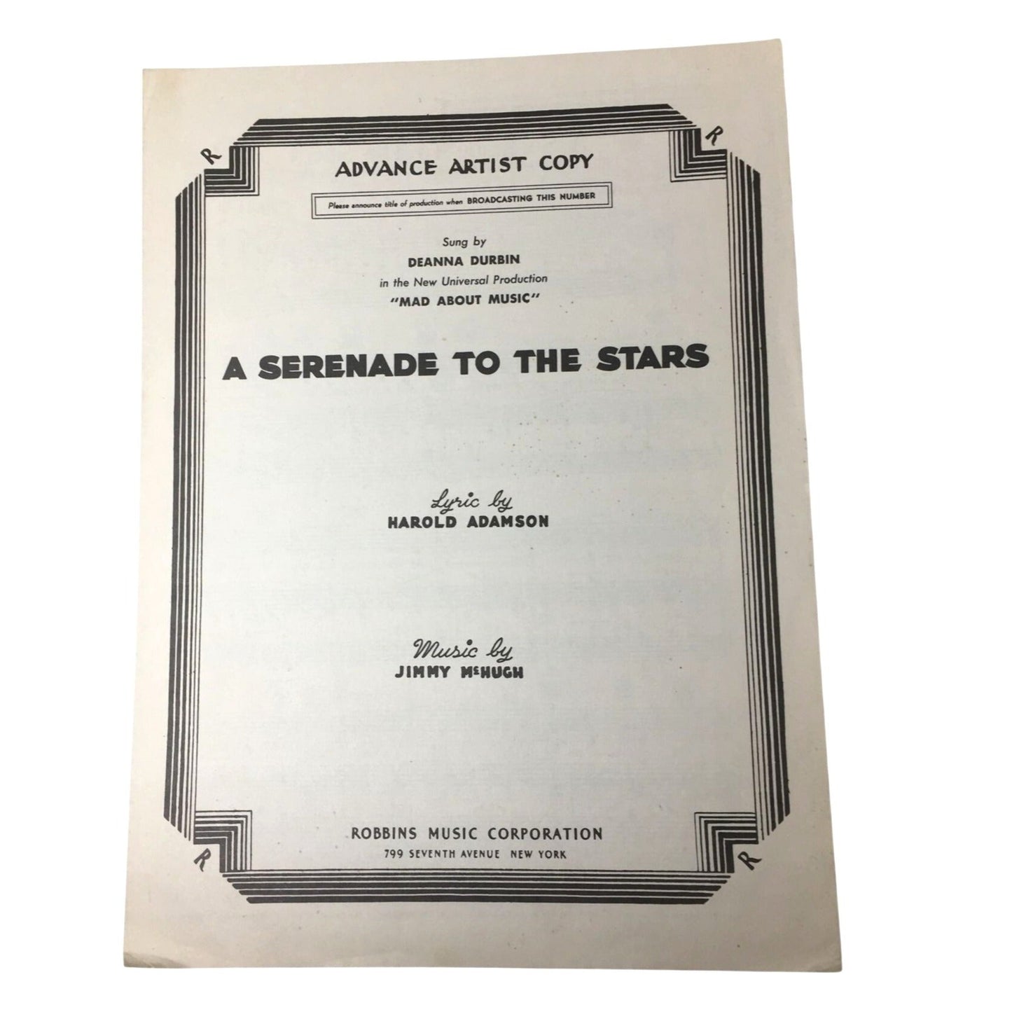 vintage "Advance Artist Copy" of sheet music for the song "A Serenade to the Stars". unbranded  A+ Stuff Sheet Music