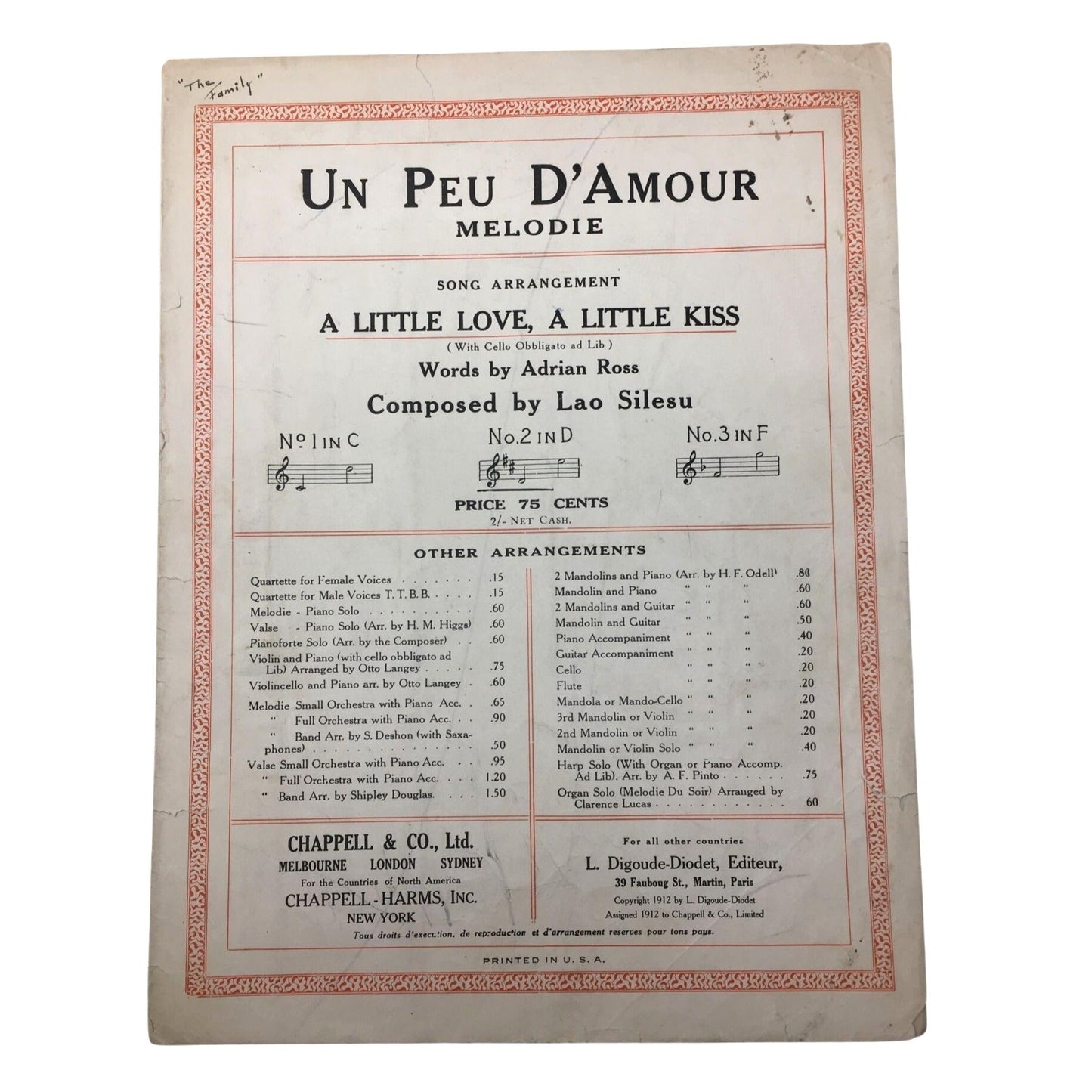 Collectible Piece of Vintage Sheet Music Titled "Un Peu d'Amour" ("A Little Love, A Little Kiss") Lao Silesu  A+ Stuff Sheet Music