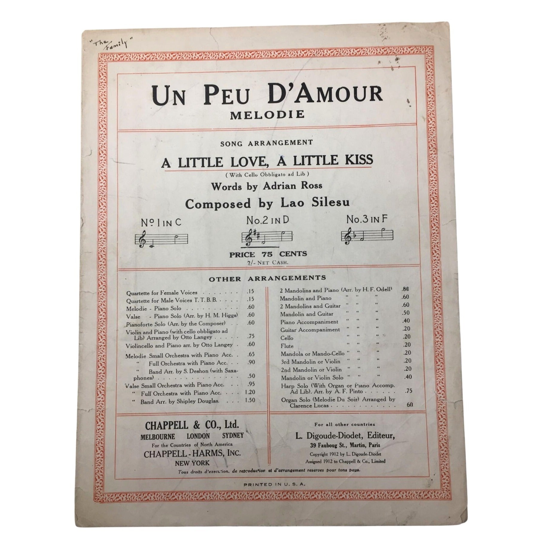 Collectible Piece of Vintage Sheet Music Titled "Un Peu d'Amour" ("A Little Love, A Little Kiss") Lao Silesu  A+ Stuff Sheet Music