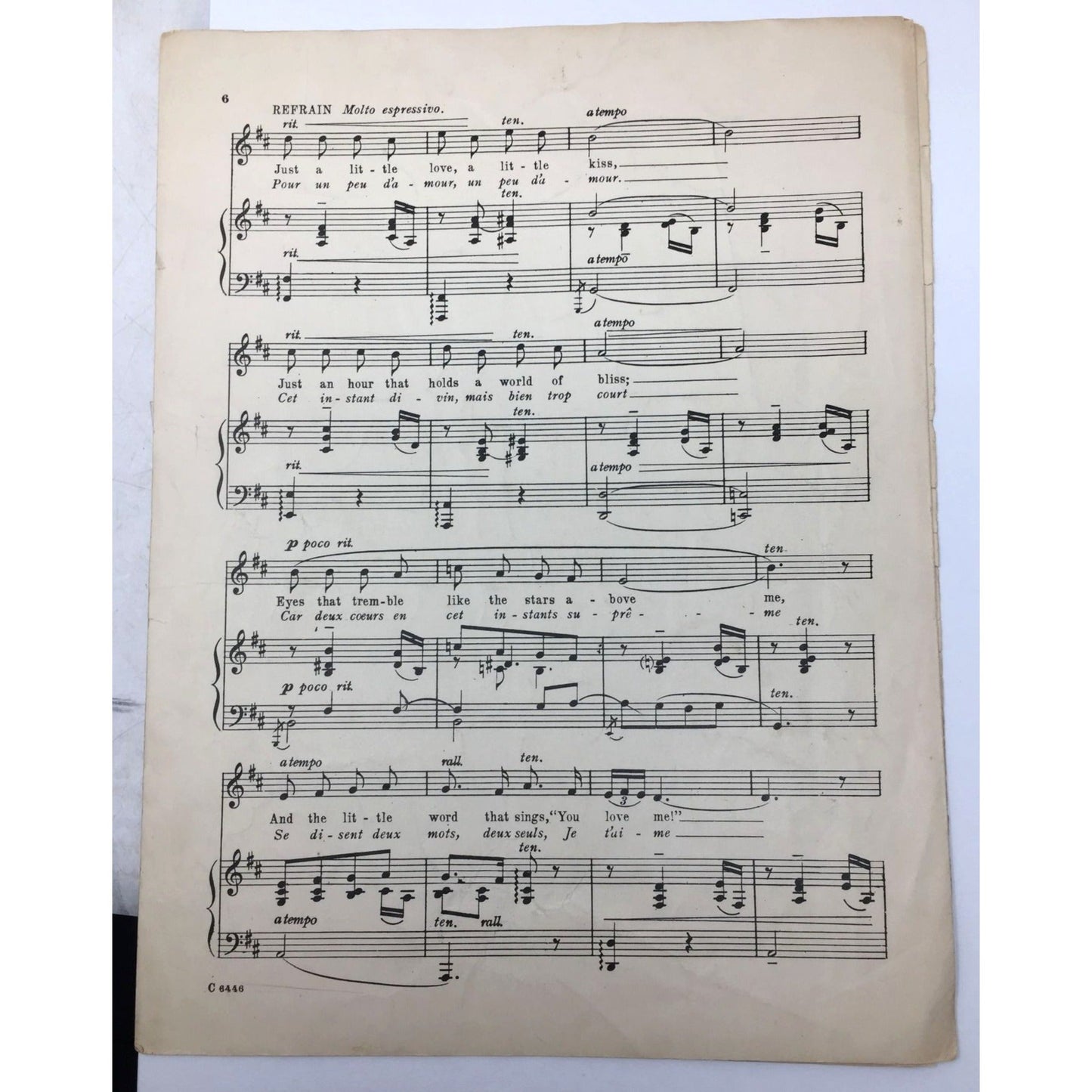 Collectible Piece of Vintage Sheet Music Titled "Un Peu d'Amour" ("A Little Love, A Little Kiss") Lao Silesu  A+ Stuff Sheet Music