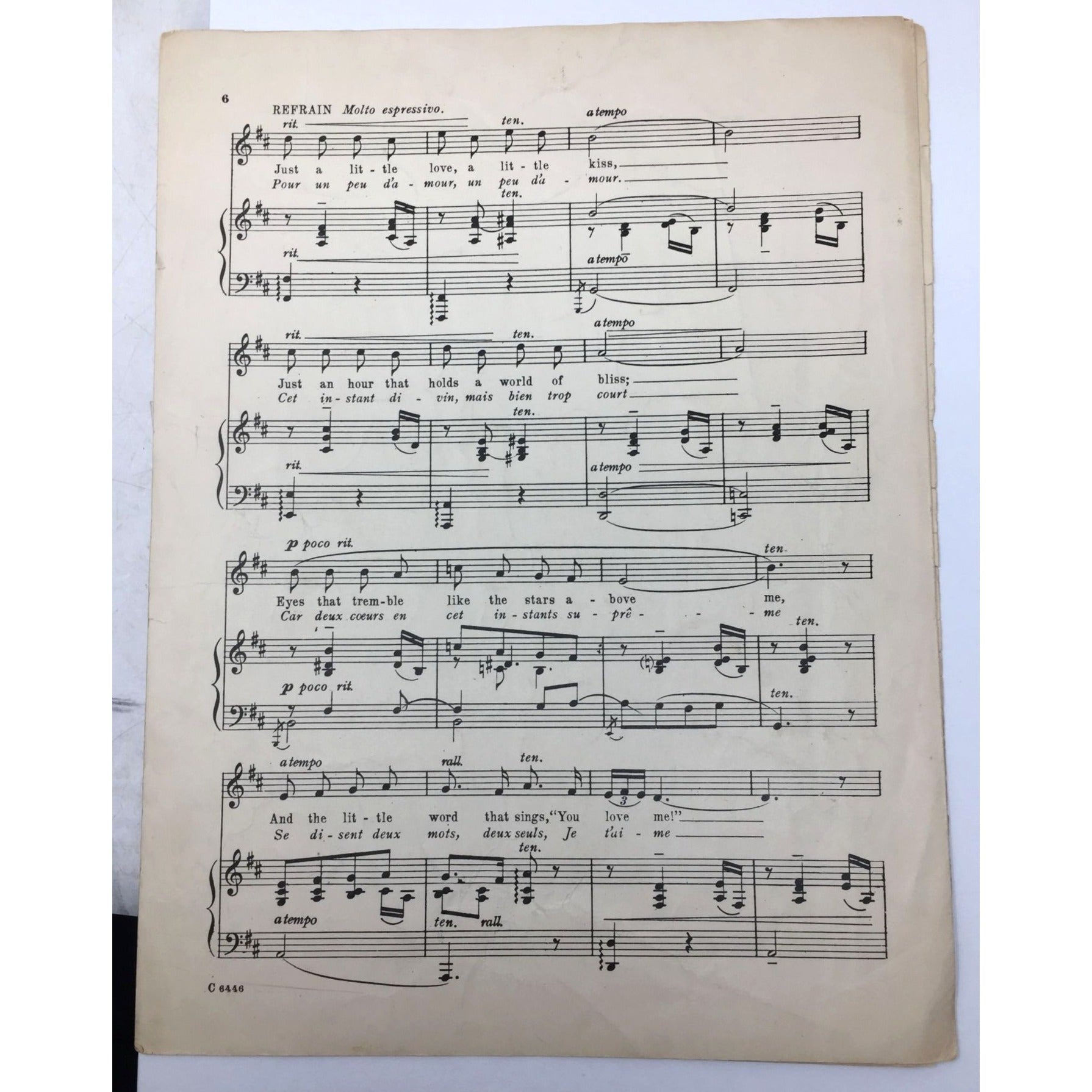 Collectible Piece of Vintage Sheet Music Titled "Un Peu d'Amour" ("A Little Love, A Little Kiss") Lao Silesu  A+ Stuff Sheet Music
