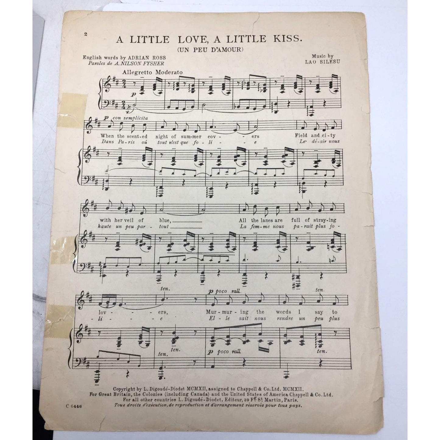 Collectible Piece of Vintage Sheet Music Titled "Un Peu d'Amour" ("A Little Love, A Little Kiss") Lao Silesu  A+ Stuff Sheet Music