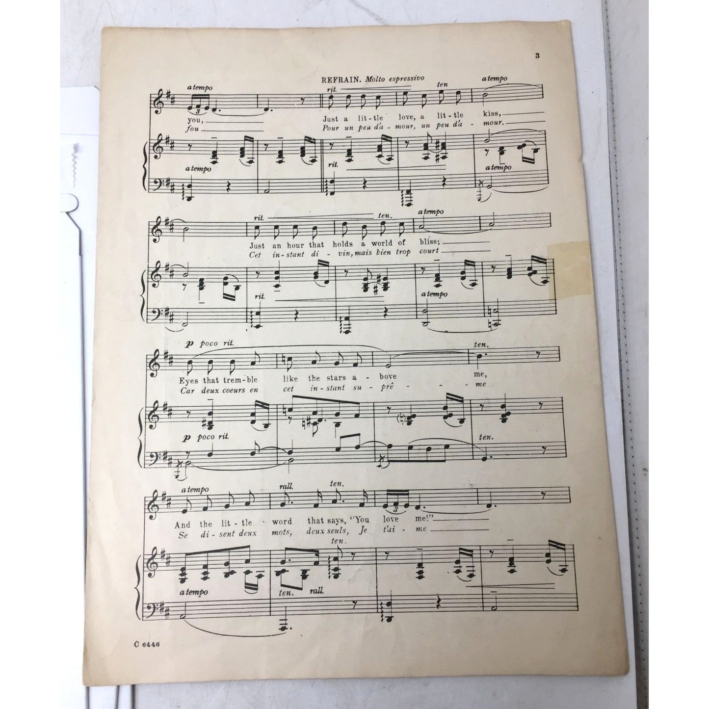 Collectible Piece of Vintage Sheet Music Titled "Un Peu d'Amour" ("A Little Love, A Little Kiss") Lao Silesu  A+ Stuff Sheet Music