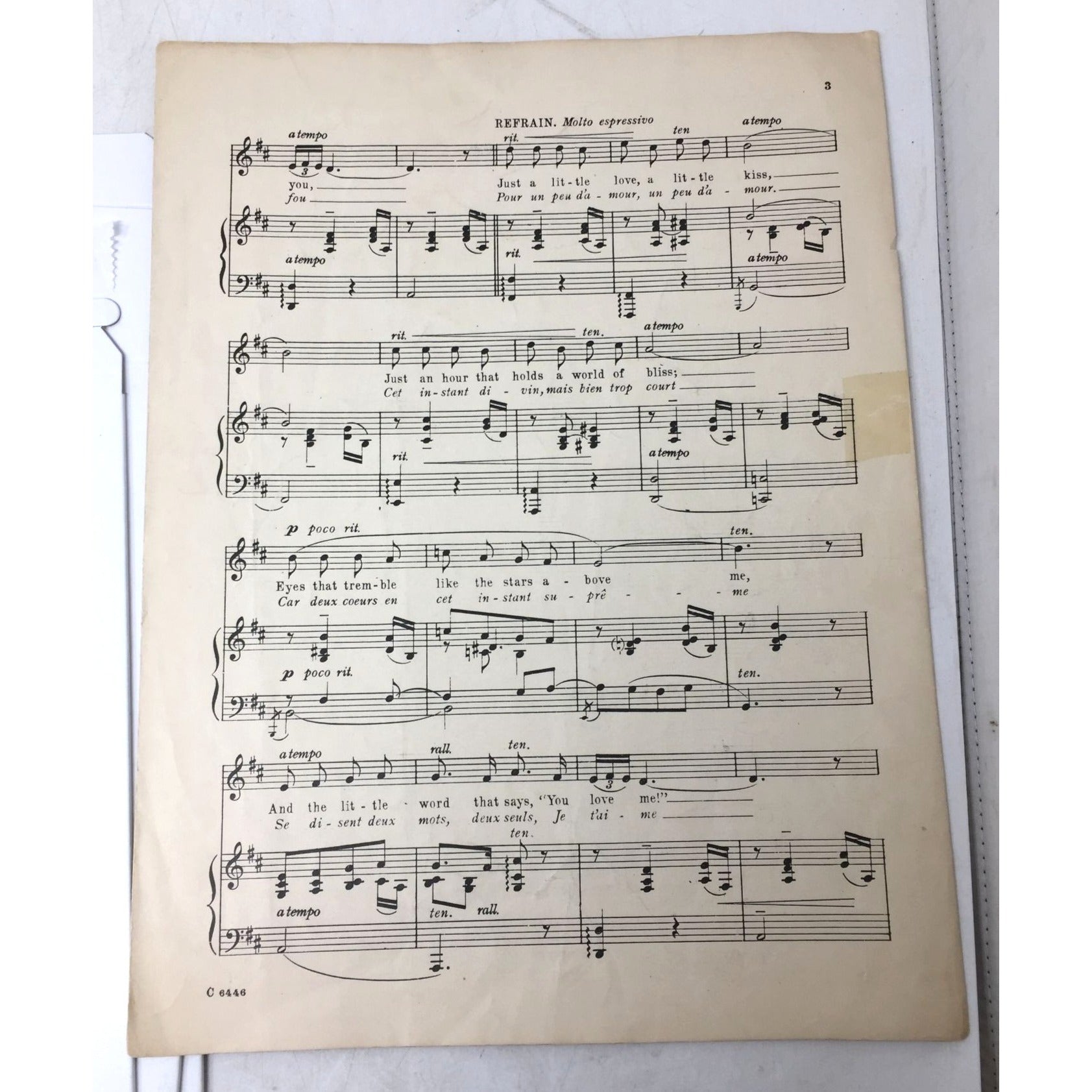 Collectible Piece of Vintage Sheet Music Titled "Un Peu d'Amour" ("A Little Love, A Little Kiss") Lao Silesu  A+ Stuff Sheet Music