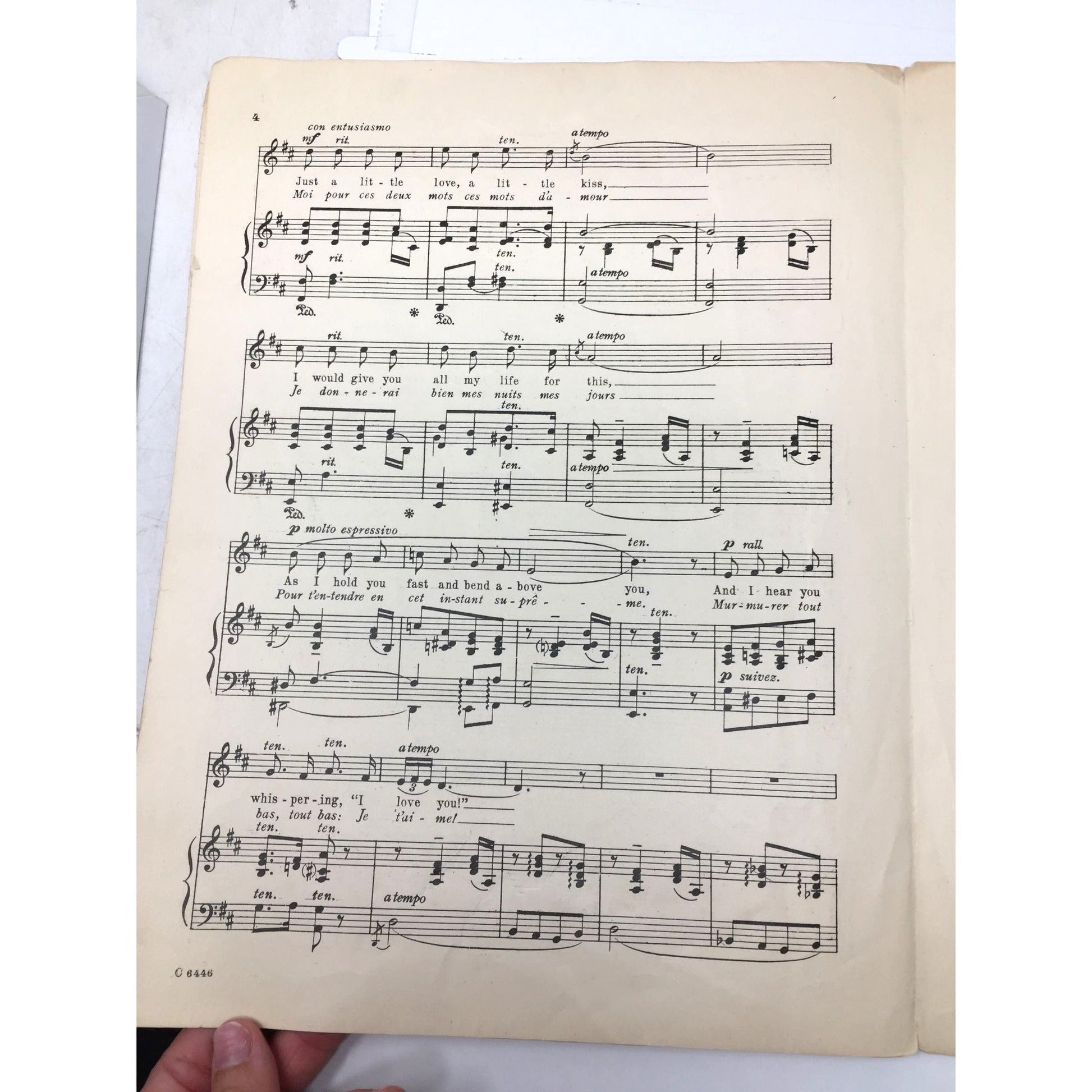 Collectible Piece of Vintage Sheet Music Titled "Un Peu d'Amour" ("A Little Love, A Little Kiss") Lao Silesu  A+ Stuff Sheet Music